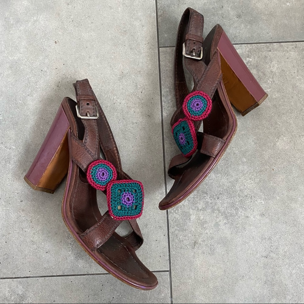 Prada brown leather crochet sandal heels 40